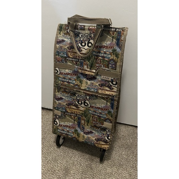 Jade Tapestry Route 66 Vintage Shopping Travel Tote Bag With Wheels - Picture 9 of 11
